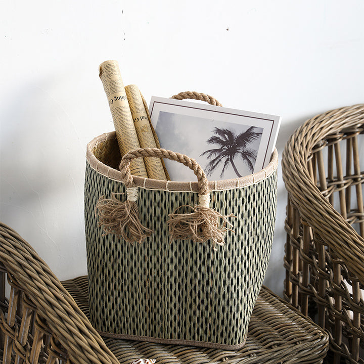 Unisex Handwoven Storage Basket with Decorative Fringes Stornfield