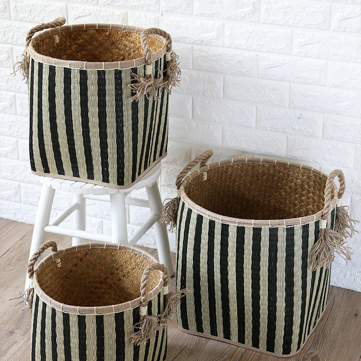 Unisex Handwoven Storage Basket with Decorative Fringes Stornfield