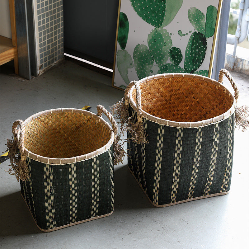 Unisex Handwoven Storage Basket with Decorative Fringes Stornfield