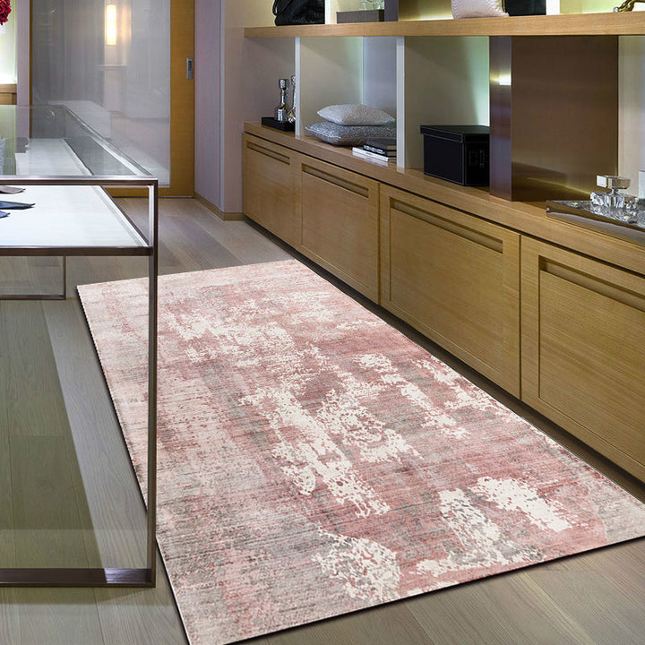 Stornfield | Green and Pink Modern Polyester Abstract Washable Non-Slip Rug for Living Room