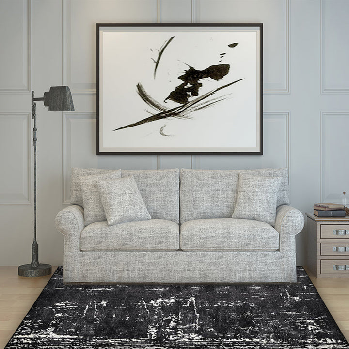 Stornfield | Industrial Black Polyester Floor Mat Abstract Rug Washable Non-Slip Backing Living Room Flooring