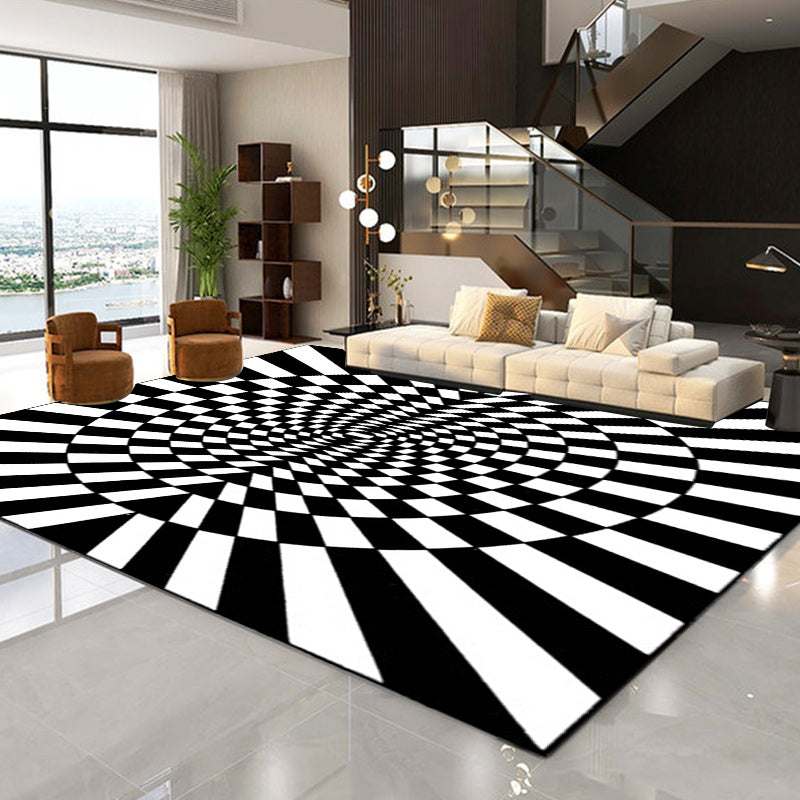 Stornfield | Innovative Black and White Living Room Rug with 3D Circle Striped Pattern Washable and Pet-Friendly Polyester Carpet