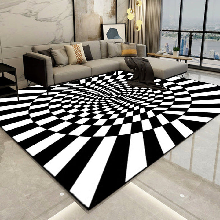 Stornfield | Innovative Black and White Living Room Rug with 3D Circle Striped Pattern Washable and Pet-Friendly Polyester Carpet