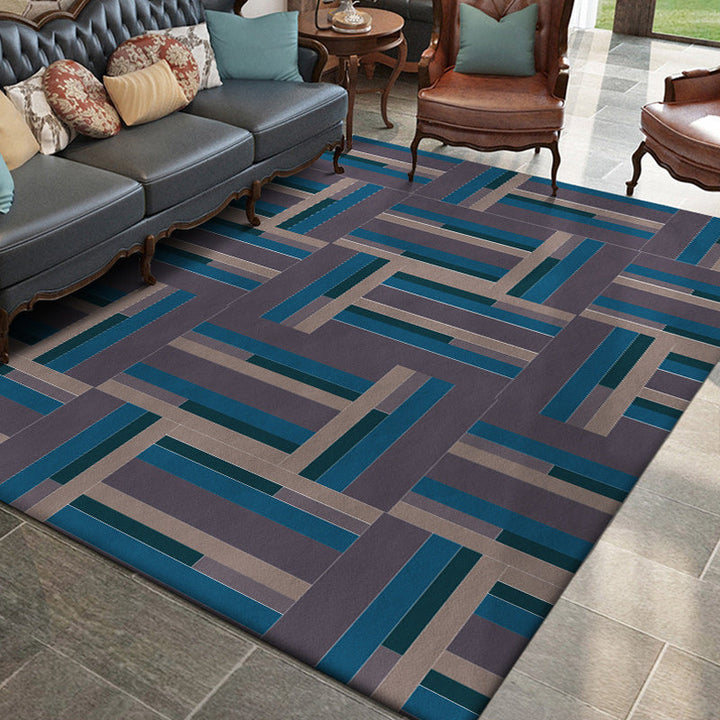 Stornfield | Nordic Novelty Blue and Purple Color Block Striped Polyester Washable Rug for Home Decor