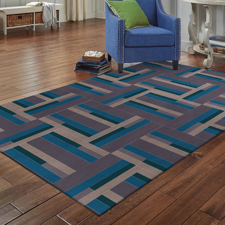 Stornfield | Nordic Novelty Blue and Purple Color Block Striped Polyester Washable Rug for Home Decor