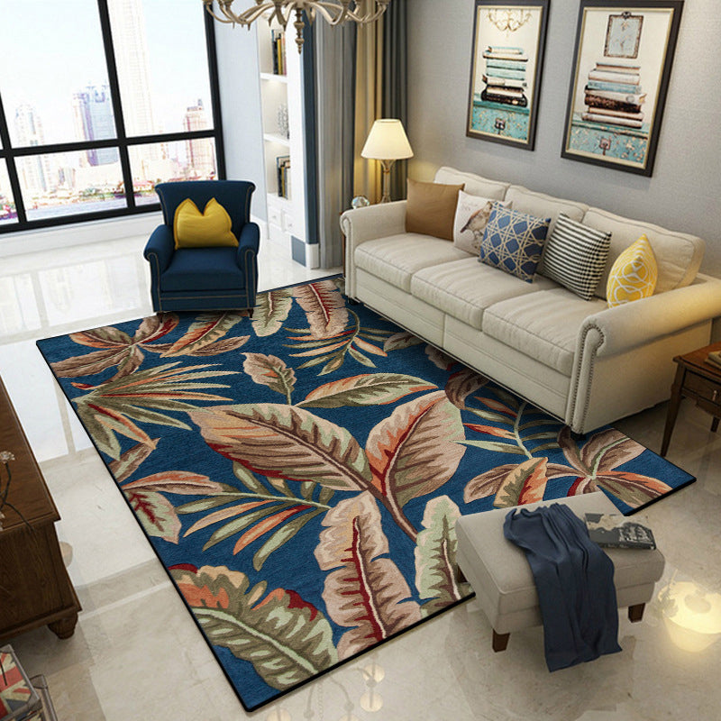 Stornfield | Blue Tropical Leaf Printed Polyester Rug Non-Slip Washable Mat for Living Room