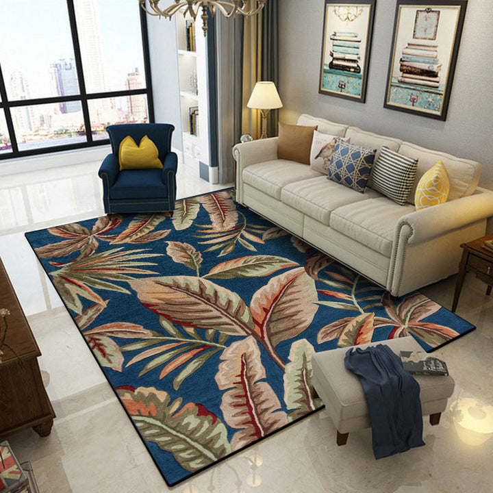 Stornfield | Blue Tropical Leaf Printed Polyester Rug Non-Slip Washable Mat for Living Room