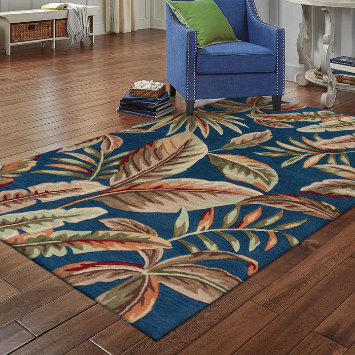 Stornfield | Blue Tropical Leaf Printed Polyester Rug Non-Slip Washable Mat for Living Room