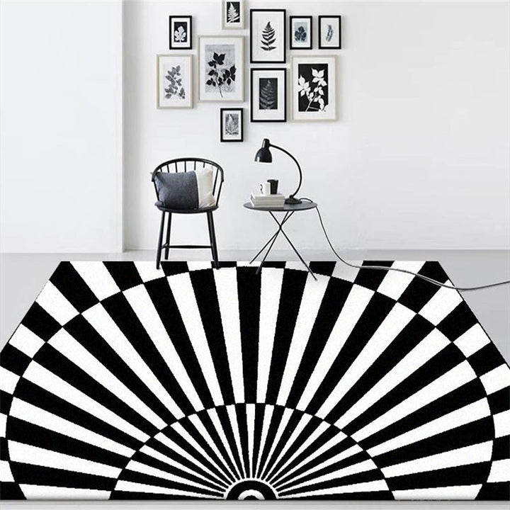 Stornfield | Novelty Black and White Living Room Rug with 3D Half-Circle Striped Print in Polyester, Pet-Friendly, Washable Area Rug