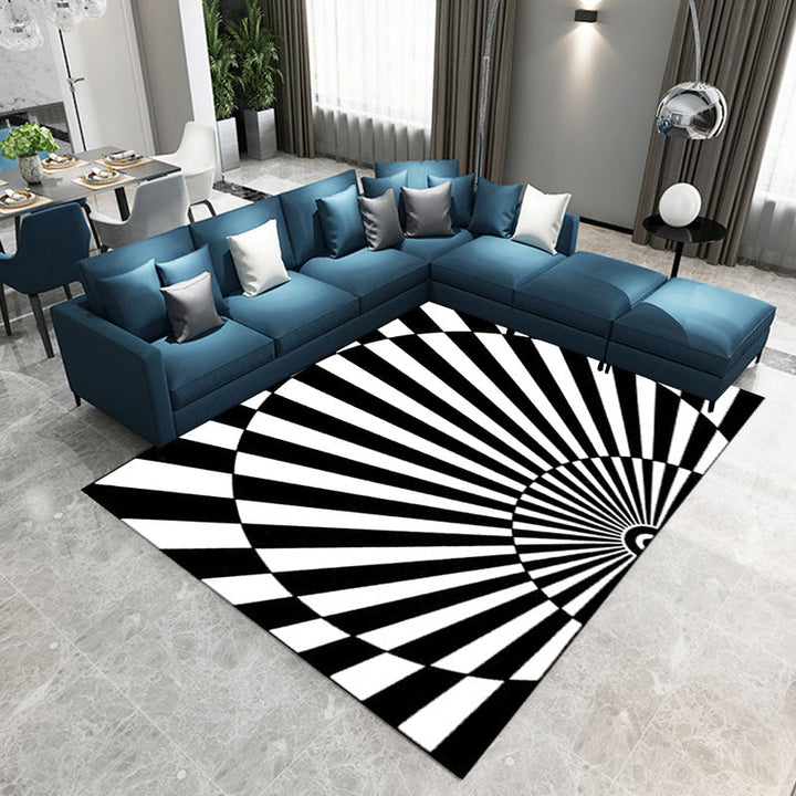 Stornfield | Novelty Black and White Living Room Rug with 3D Half-Circle Striped Print in Polyester, Pet-Friendly, Washable Area Rug