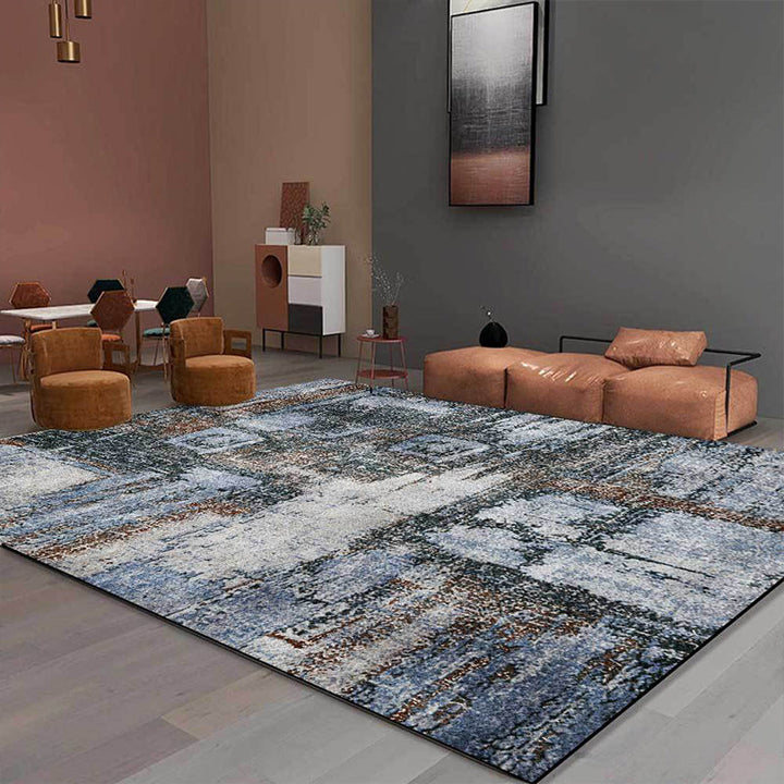 Stornfield | White-Grey Abstract Rug Industrial Polyester Washable Rug with Non-Slip Backing for Living Room