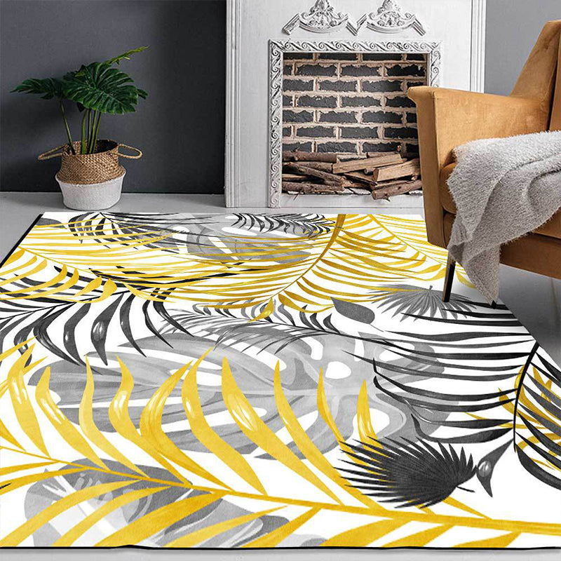 Stornfield | Casual Yellow and White Leaf Pattern Washable Polyester Rug with Non-Slip Backing for Living Room