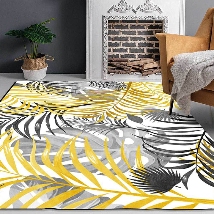Stornfield | Casual Yellow and White Leaf Pattern Washable Polyester Rug with Non-Slip Backing for Living Room