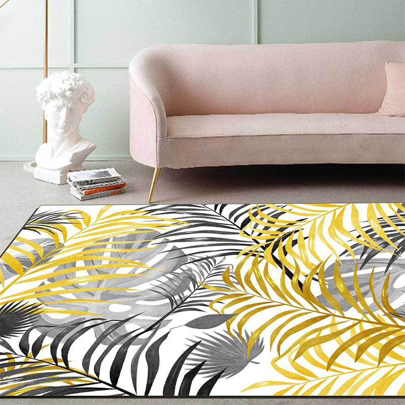 Stornfield | Casual Yellow and White Leaf Pattern Washable Polyester Rug with Non-Slip Backing for Living Room