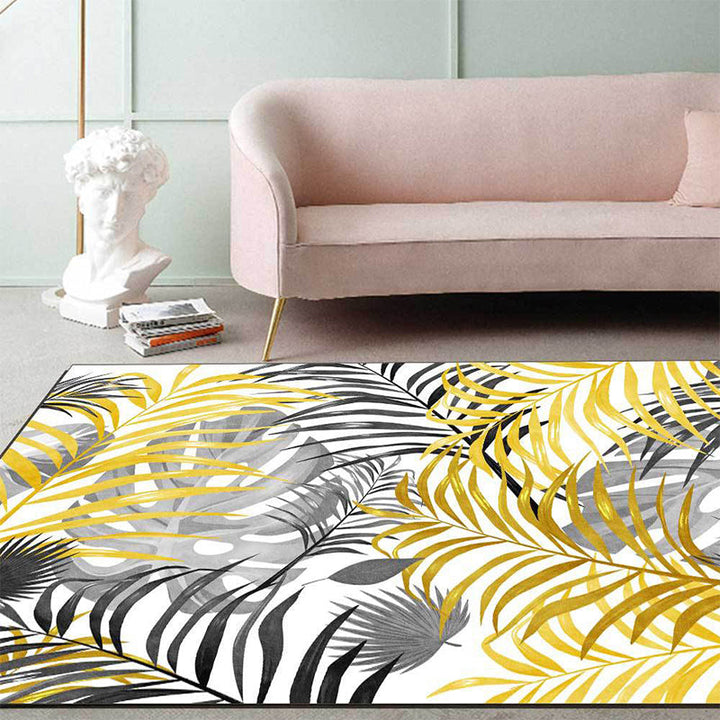 Stornfield | Casual Yellow and White Leaf Pattern Washable Polyester Rug with Non-Slip Backing for Living Room