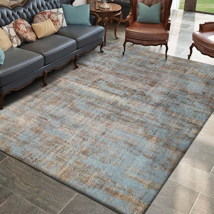 Stornfield | Abstract Industrial Washable Brown and Blue Polyester Rug, Non-Slip Backing, Living Room Carpet