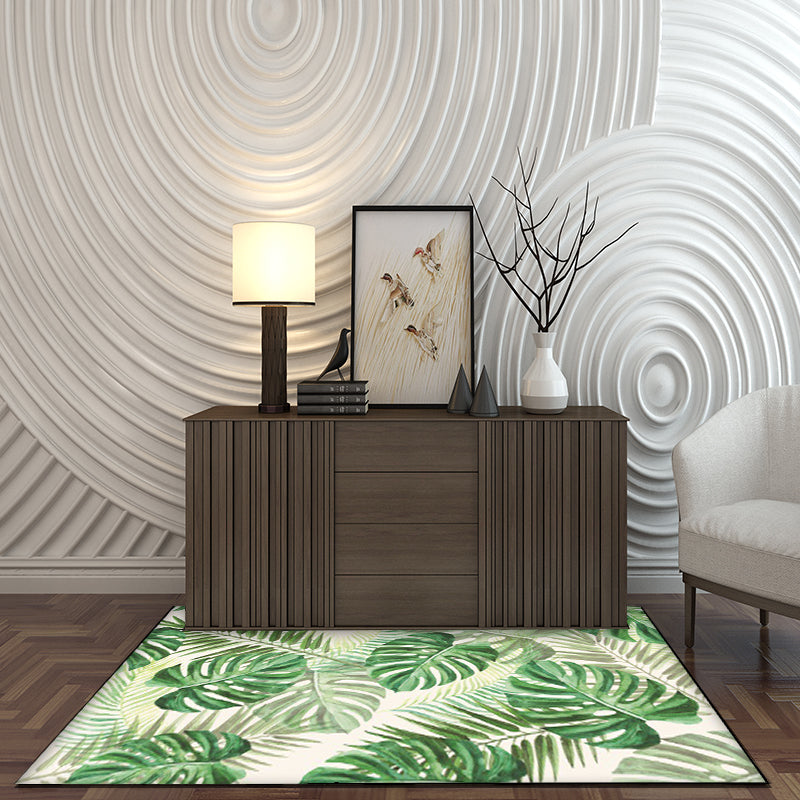 Stornfield | Funky Botanical Pattern Rug with a Tropical Foliage Green Polyester Backing, Washable and Non-Slip for the Living Room