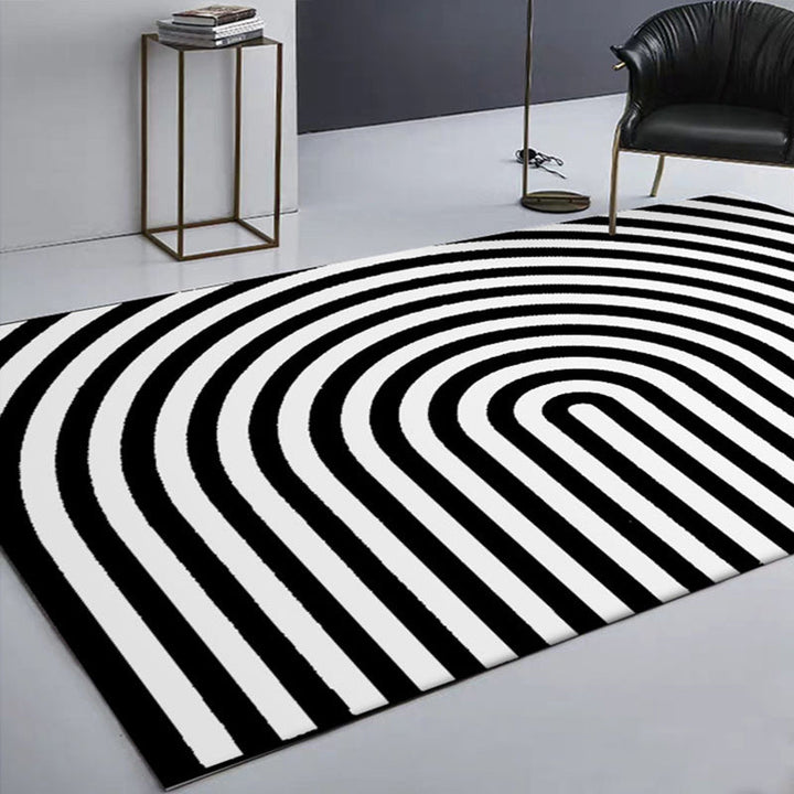 Stornfield | Contemporary Novelty Rug in Black and White with 3D Curved Line Pattern Washable Polyester Mat for Home Decoration