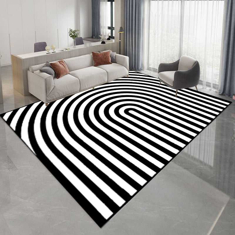 Stornfield | Contemporary Novelty Rug in Black and White with 3D Curved Line Pattern Washable Polyester Mat for Home Decoration
