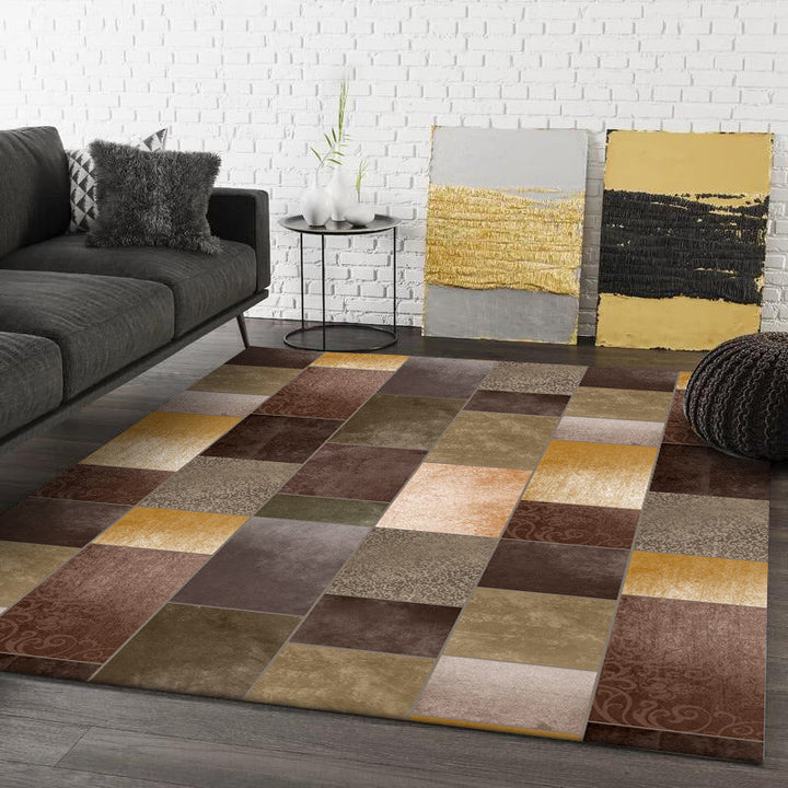 Stornfield | Original living room rug with brown color block rectangle print, made of polyester, pet-friendly, machine washable