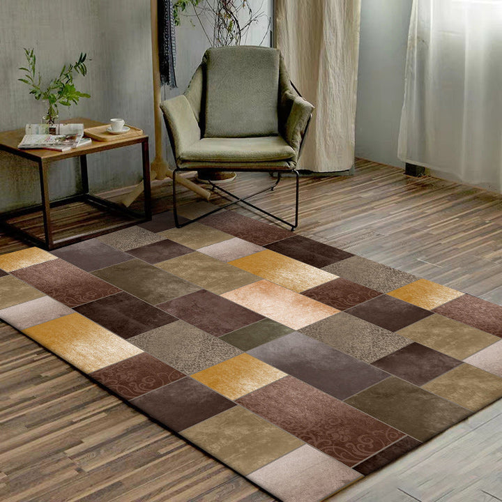 Stornfield | Original living room rug with brown color block rectangle print, made of polyester, pet-friendly, machine washable