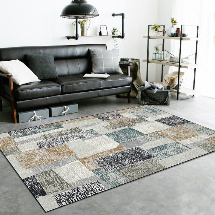 Stornfield | Grey novelty polyester non-slip pet-friendly bedroom rug with colourful block pattern