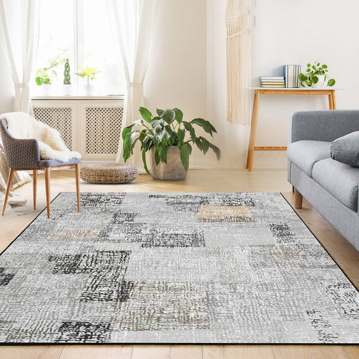 Stornfield | Grey novelty polyester non-slip pet-friendly bedroom rug with colourful block pattern