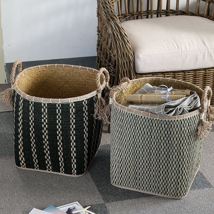 Unisex Handwoven Storage Basket with Decorative Fringes Stornfield