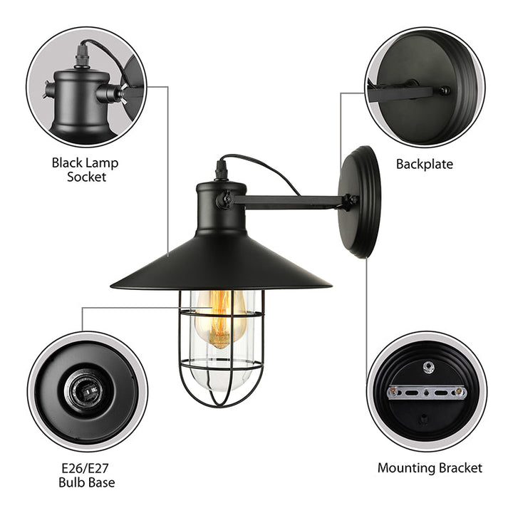 1 Light Clear Glass Wall Sconce Light Traditional Black/Rust Caged Coffee Shop Lighting Fixture | Stornfield