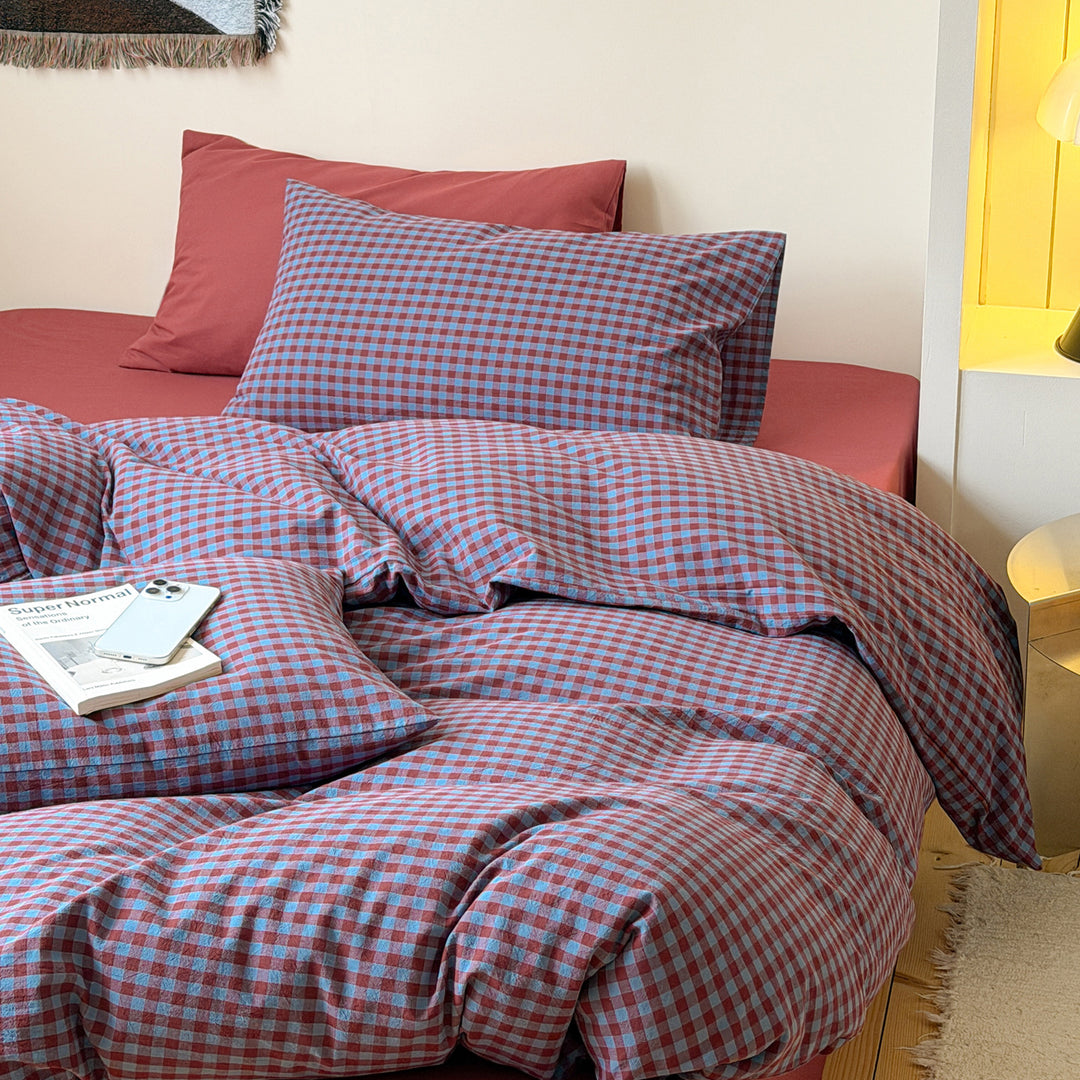 Washed cotton bedding, 4-piece, checkered