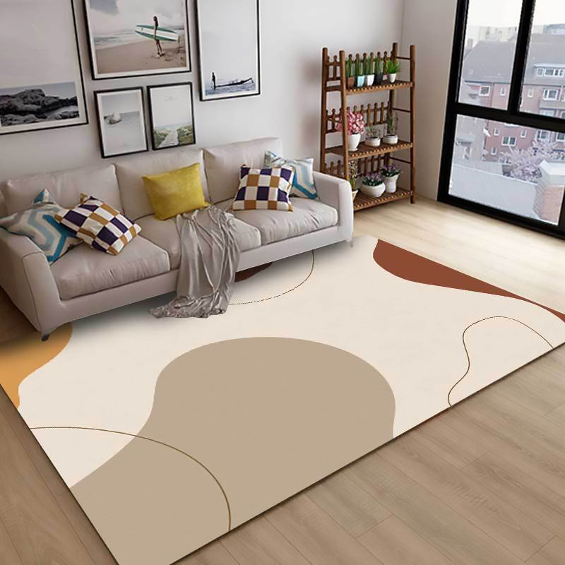 Stornfield | Ivory Solid Novelty Area Rug with Line Color Block Pattern Machine Washable Polyester Carpet for Home Decoration