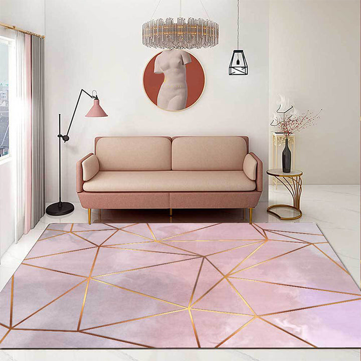 Stornfield | Pink Modern Geometric Pattern Washable Polyester Rug with Non-Slip Backing for Living Room