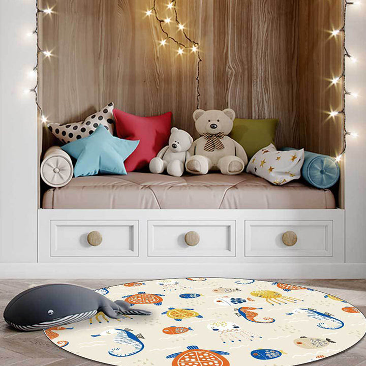Stornfield | Casual Ivory Animal Turtle Jellyfish Seahorse Pattern Washable Polyester Rug for Kids' Room