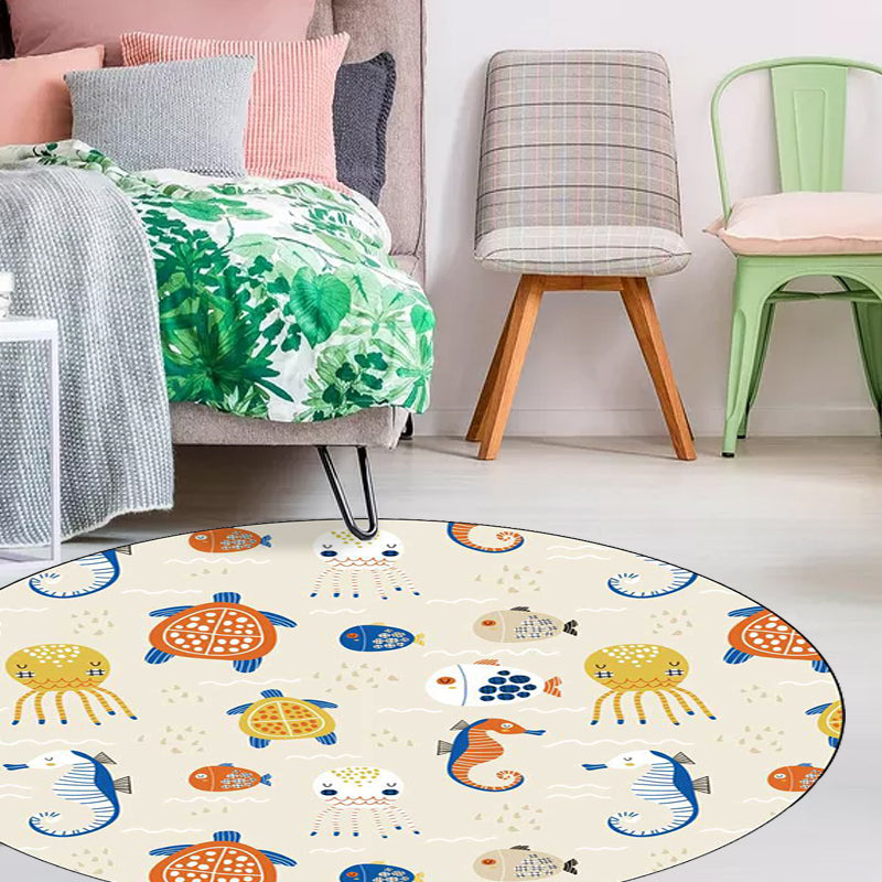 Stornfield | Casual Ivory Animal Turtle Jellyfish Seahorse Pattern Washable Polyester Rug for Kids' Room