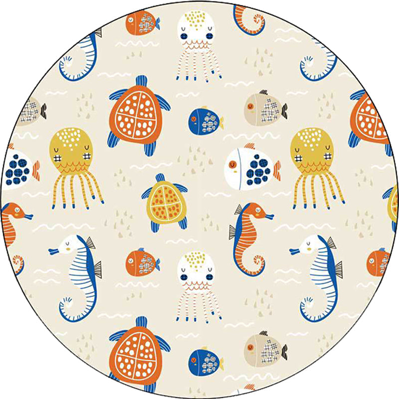 Stornfield | Casual Ivory Animal Turtle Jellyfish Seahorse Pattern Washable Polyester Rug for Kids' Room
