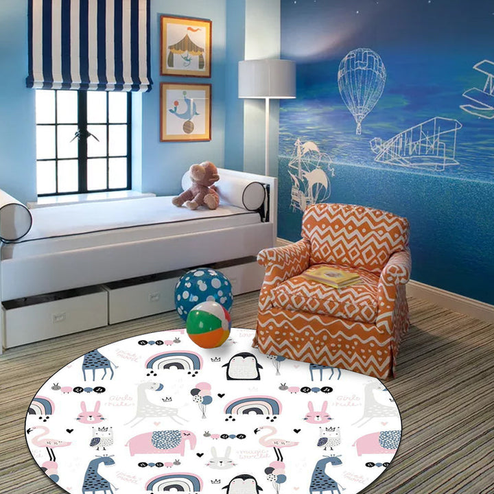 Stornfield | White and Blue Polyester Kids Simple Rug with Giraffe Penguin Rabbit Animal Pattern, Washable Rug for Nursery