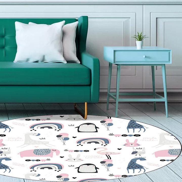 Stornfield | White and Blue Polyester Kids Simple Rug with Giraffe Penguin Rabbit Animal Pattern, Washable Rug for Nursery