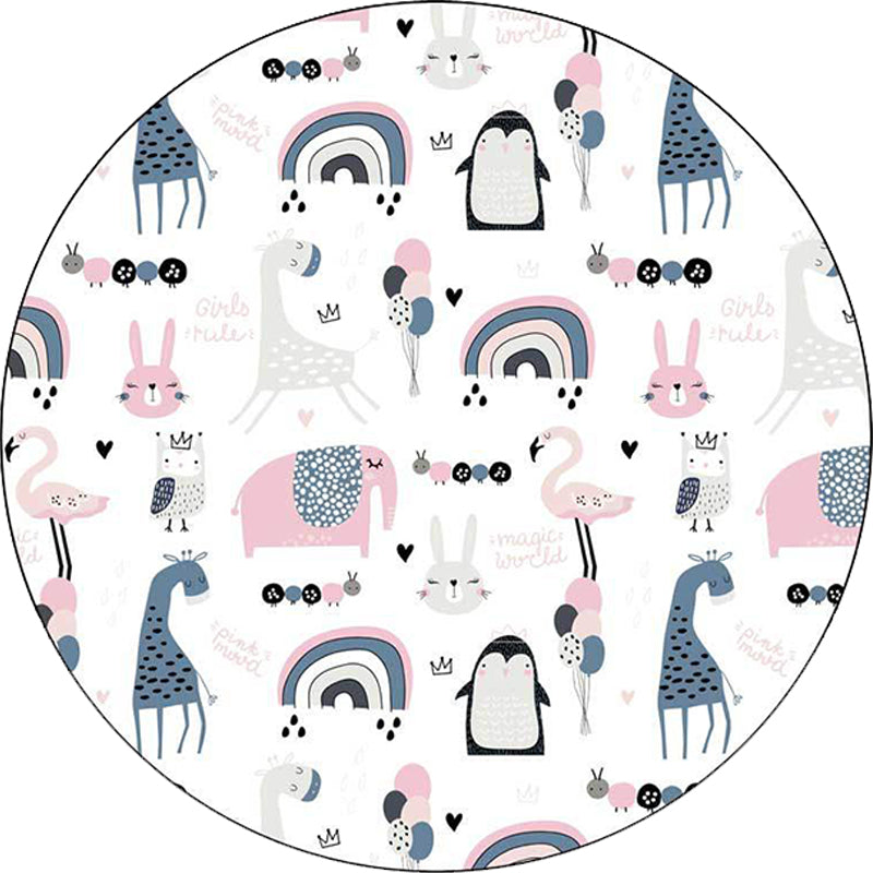 Stornfield | White and Blue Polyester Kids Simple Rug with Giraffe Penguin Rabbit Animal Pattern, Washable Rug for Nursery