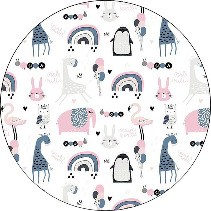 Stornfield | White and Blue Polyester Kids Simple Rug with Giraffe Penguin Rabbit Animal Pattern, Washable Rug for Nursery