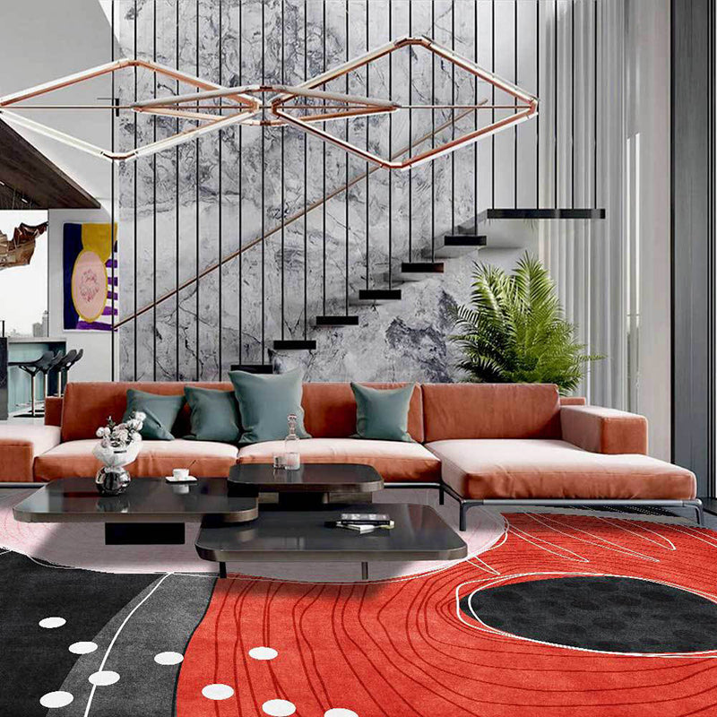 Stornfield | Original living room rug in red and black with color block polka dot pattern Washable and stain-resistant polyester rug Area rug