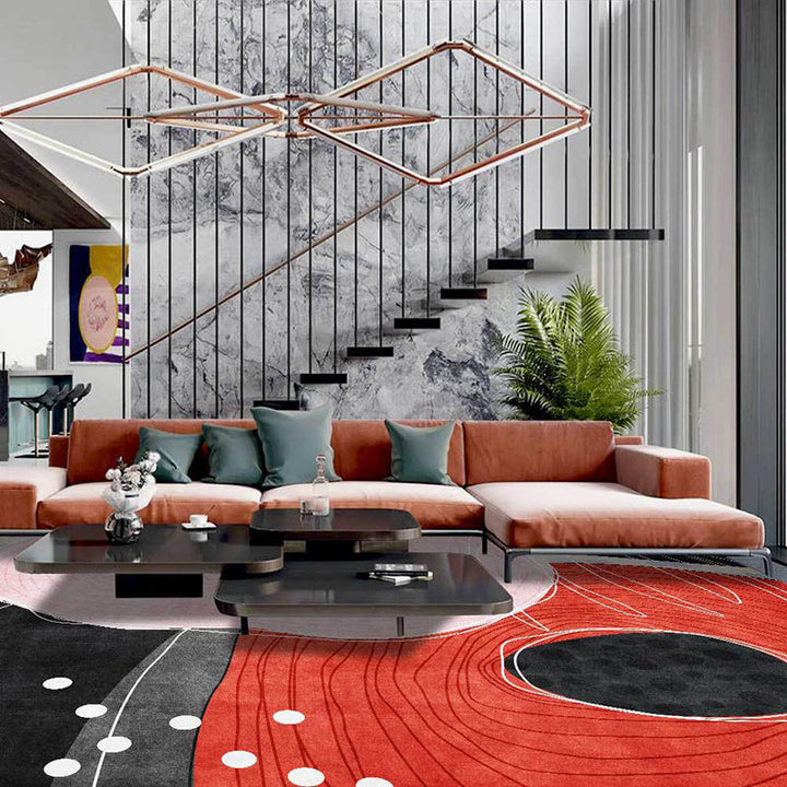 Stornfield | Original living room rug in red and black with color block polka dot pattern Washable and stain-resistant polyester rug Area rug