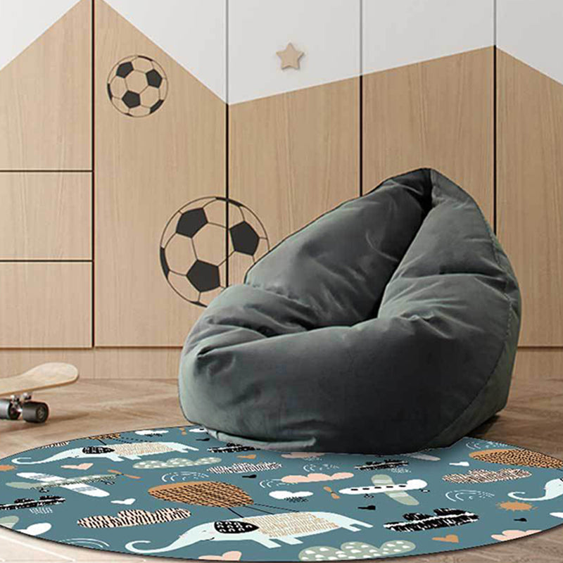Stornfield | Kids' Rug with Heart Airplane Animal Elephant Pattern in Teal, Stain Resistant Polyester Carpet