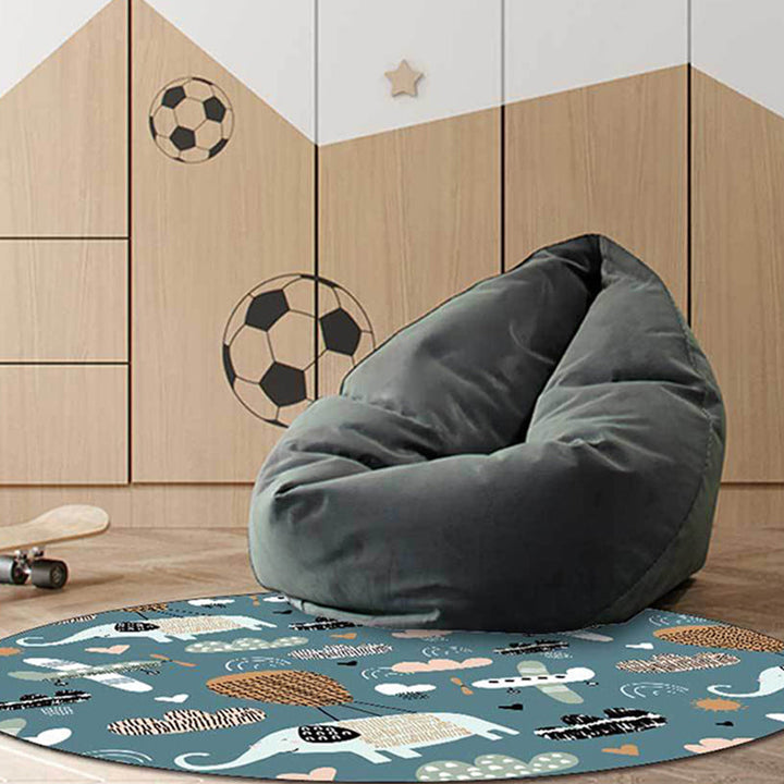 Stornfield | Kids' Rug with Heart Airplane Animal Elephant Pattern in Teal, Stain Resistant Polyester Carpet