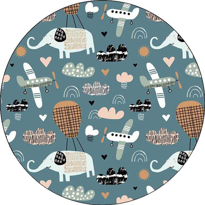 Stornfield | Kids' Rug with Heart Airplane Animal Elephant Pattern in Teal, Stain Resistant Polyester Carpet