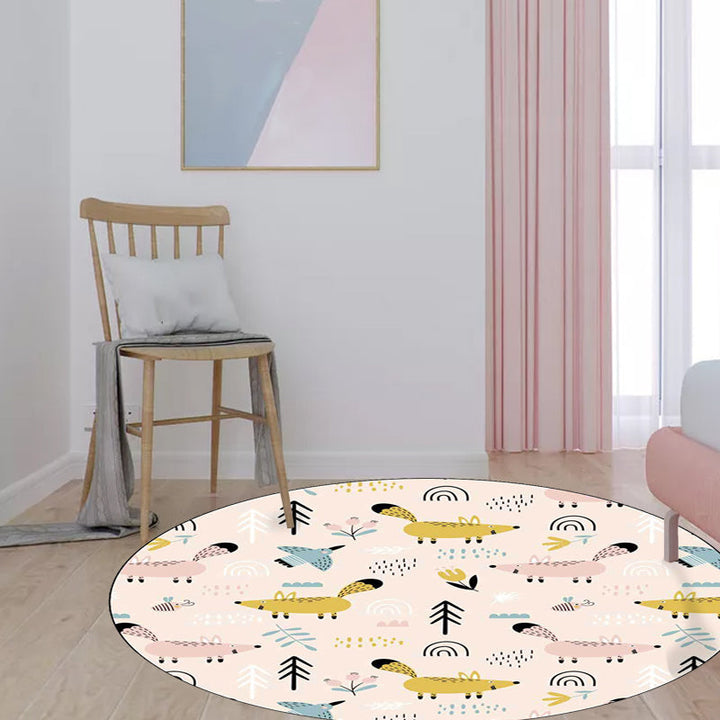 Stornfield | Kids Bedroom Rug White Animal Print Mouse Bird Tree Washable Stain Resistant Polyester Area Rug