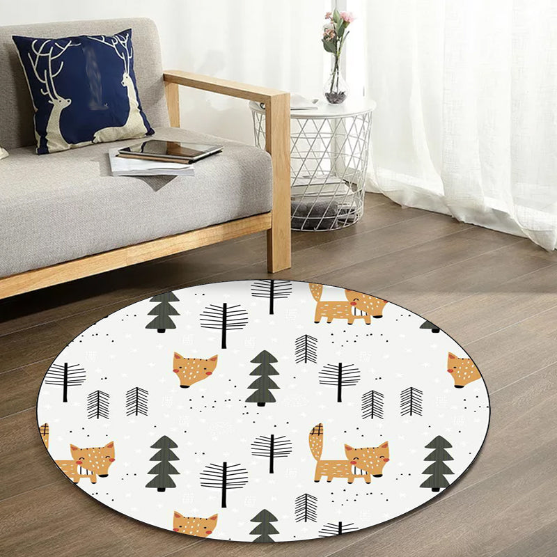 Stornfield | White Kids Room Rug Polyester Area Rug with Fox Tree Animal Pattern Stain Resistant