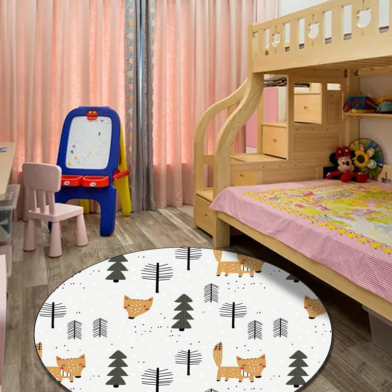 Stornfield | White Kids Room Rug Polyester Area Rug with Fox Tree Animal Pattern Stain Resistant
