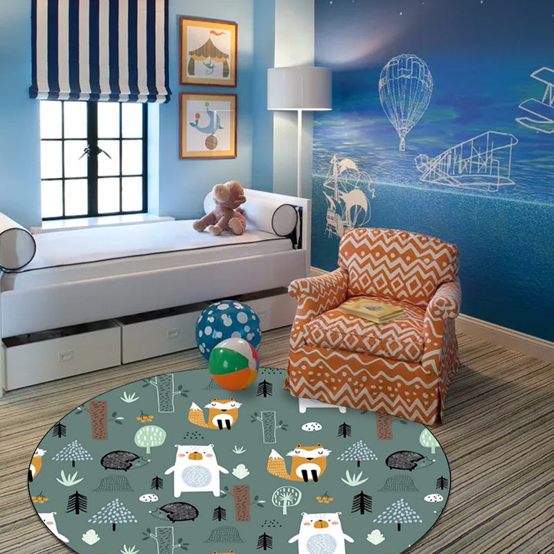 Stornfield | Kids' Bedroom Rug in Green with Fox Bear Tree Animal Print Polyester, Pet-Friendly Area Rug