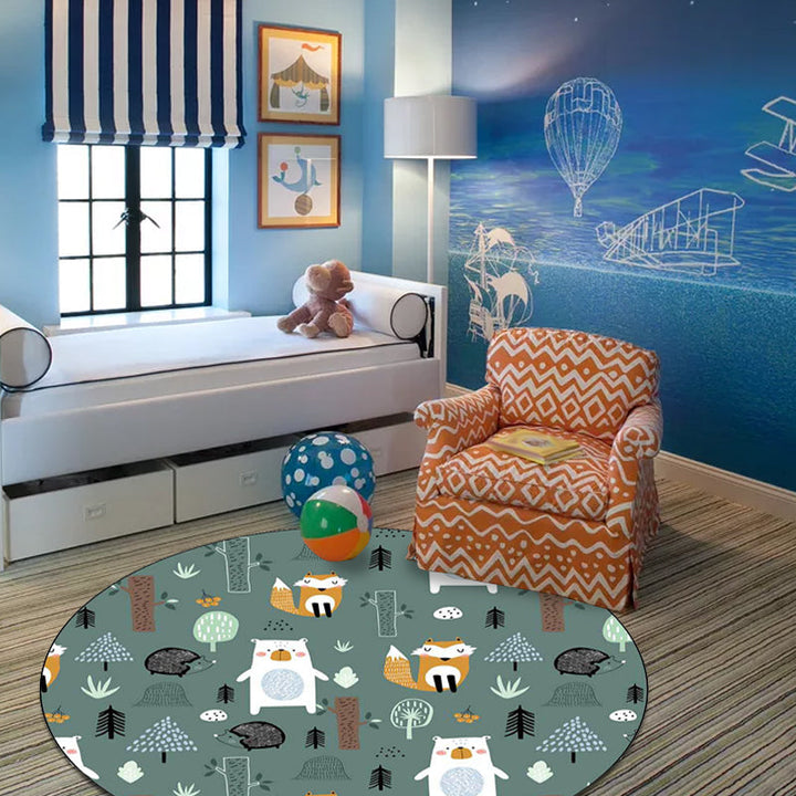 Stornfield | Kids' Bedroom Rug in Green with Fox Bear Tree Animal Print Polyester, Pet-Friendly Area Rug