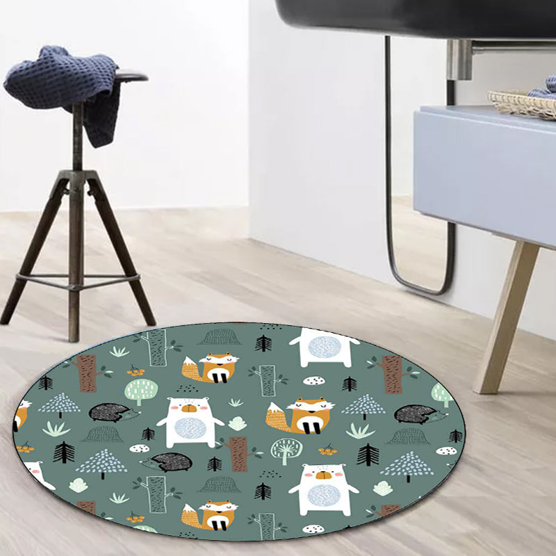 Stornfield | Kids' Bedroom Rug in Green with Fox Bear Tree Animal Print Polyester, Pet-Friendly Area Rug